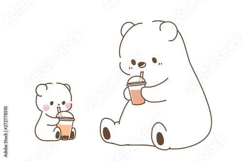 チーズティー タピオカミルクティーを飲むシロクマの親子のイラスト