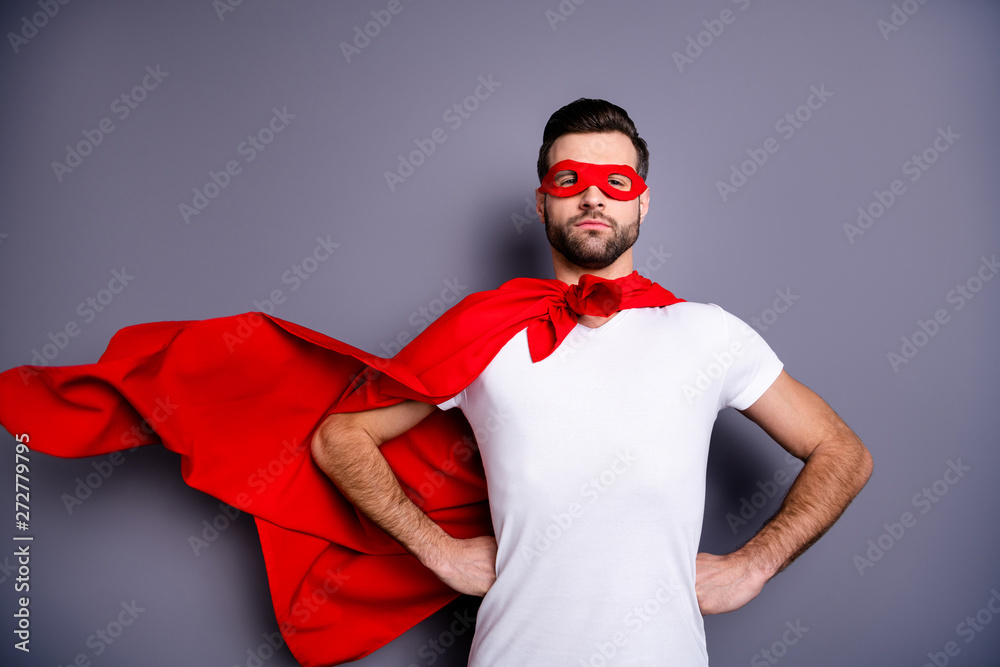 Portrait of his he nice-looking attractive content macho virile candid masculine brutal sportive perfect bearded guy hands on hips ready to rescue isolated over gray pastel background - obrazy, fototapety, plakaty 
