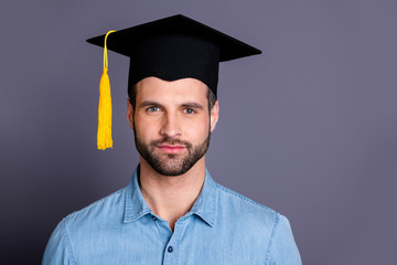 Close-up portrait of his he nice-looking attractive content successful bearded guy intellectual top manager isolated over gray violet purple pastel background