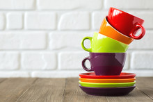 Tea, Coffee Cups Stacked. Neutral Background. Space For Text.