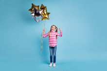 Full Length Body Size Photo Beautiful She Her Little Hands Arms Golden Silver Balloons Star Shape Figure Festive Gift Present Wear Casual Checkered Plaid Pink Shirt Isolated Bright Blue Background