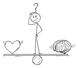 Wall Mural - Vector cartoon stick figure drawing conceptual illustration of man or businessman thinking and standing on seesaw and balancing heart and brain as emotion and logic metaphor.