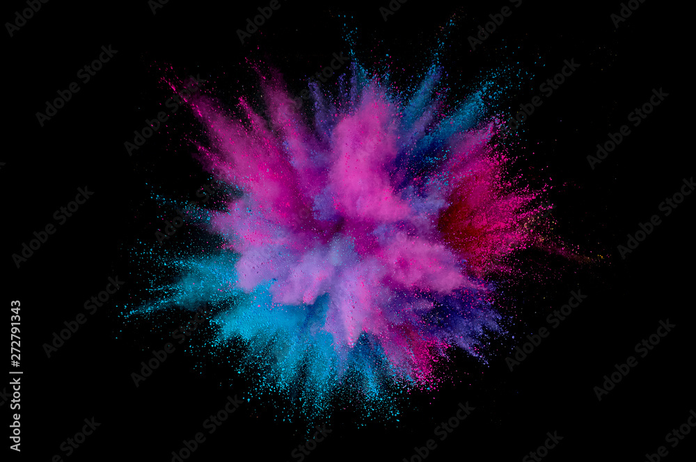 Colored powder explosion. Abstract closeup dust on backdrop. Colorful explode. Paint holi - obrazy, fototapety, plakaty 