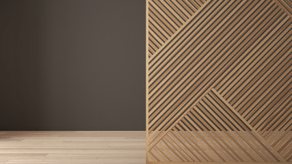 Empty room with wooden panel, parquet floor. Gray wall background with copy space. Minimalist zen interior design concept idea, modern architecture template