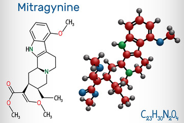 Poster - Mitragynine molecule. It is the herbal alkaloid with opiate-like properties produced by plant Mitragyna speciosa Korth, kratom. Structural chemical formula and molecule model