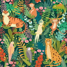 Seamless Pattern With Tropical Animals And Bird In Jungle. Exotic Animals, Birds, Plants. Monkey, Leopard, Tiger, Parrot, Toucan, Chameleon. Vector Illustration Backgrounds.