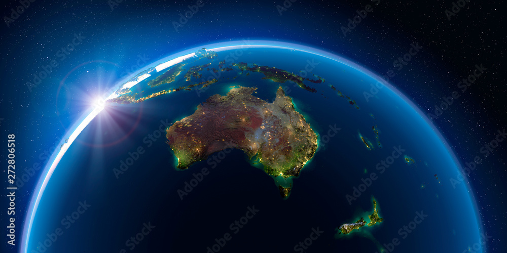 Earth at night and the light of cities. Australia and New Zealand. - obrazy, fototapety, plakaty 