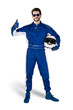 © stockphoto-graf - Race driver in blue white motorsport overall shoes gloves and safety gear crash helmet shows thumbs up celebrating after winning isolated white background. Car racing motorcycle sport concept.