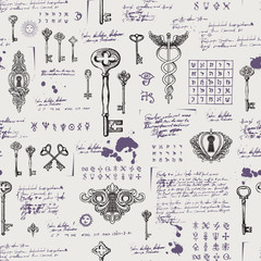 Wall Mural - Vector seamless pattern with vintage keys and keyholes. Medieval manuscript with sketches, blots and spots in retro style. Hand drawn illustration. Wallpaper, wrapping paper or fabric