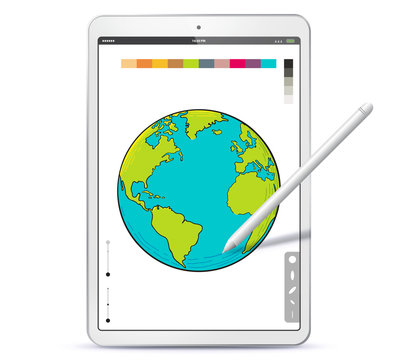 Drawing World with Tablet PC and Pen Vector Illustration