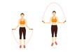 Woman doing Exercise with Jump skipping Rope in 2 step. Illustration about workout with lightweight equipment.