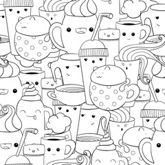 Seamless pattern with doodles kawaii cups, different shapes and forms. Cute cat inside a coffee cup. Easy  to change color. Doodle art for coloring, print.