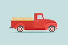 Red Retro Pickup Truck Isolated On Teal Background. Flat Style Vector Illustration.