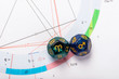 Astrology Dice with zodiac symbol of Aries Mar 21 - Apr 19 and its ruling planet Mars on Natal Chart Background