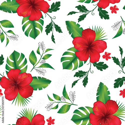 Seamless pattern tropical flower and leaves