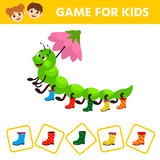 Fototapeta  - Visual puzzle with aterpillar a centipede in miscellaneous rubber boots. Match the pairs. Find the gumboot that has no pair. Children funny riddle entertainment.