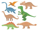 Fototapeta Dinusie - Dinosaurs flat icon set, cartoon style. Collection of objects with pterosaur, stegosaurus, triceratops, allosaurus, tyrannosaurus, apatosaurus, brontosaurus, ankylosaurus, plesiosaurus. Vector
