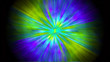 Bright rays of light in violet, green and yellow shine from the center forming a circle on a black background.