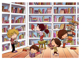 children picking up books in the library