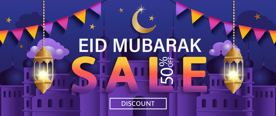 Wall Mural - Eid Mubarak sale Banner. 50 percent discount flyer for shopping on traditional muslim holiday. Card with sheep, moon, lighting lamp and mosque silhouette for promotions and offers.Promo fo ramadan.