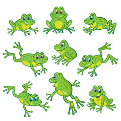 Wall Mural - Set of nine funny frogs in various poses. In cartoon style. Isolated on white background.