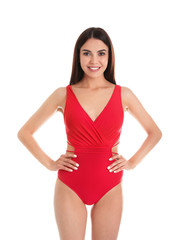 Poster - Portrait of attractive young woman with slim body in swimwear on white background