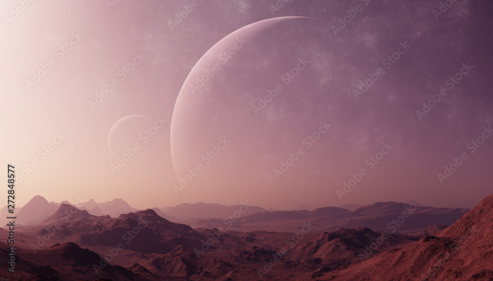 3d rendered Space Art: Alien Planet - A Fantasy Landscape with purple skies - obrazy, fototapety, plakaty 