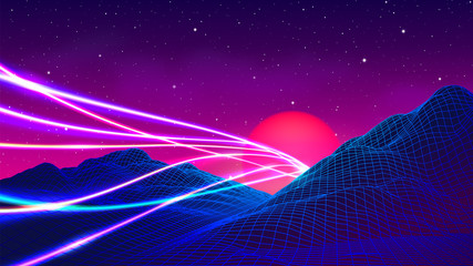 Aufkleber - 80s synthwave styled landscape with laser neon lines or traces over blue grid mountains and sun over