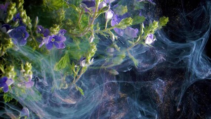 Wall Mural - Little blue flowers. Colorful Pigment Flow.