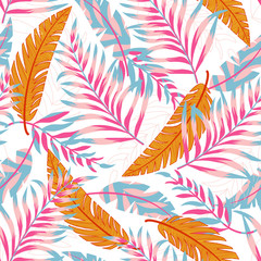  Summer trend seamless pattern with bright tropical leaves and plants on a white background. Vector design. Jung print. Floral background. Printing and textiles.