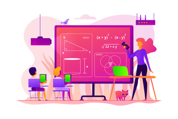 Kids studying mathematics in digital classroom with teacher, tiny people. Math lessons, digital maths laboratory, math tutoring classes concept. Vector isolated concept creative illustration.