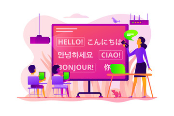 Wall Mural - Kids learn languages in digital classroom with tablets, tiny people. Foreign languages lesson, digital lingophone room, English tutoring classes concept. Vector isolated concept creative illustration.