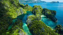 El Nido, Palawan, The Philippines. Aerial View Of Big Lagoon, Small Lagoon And Limestone Cliffs