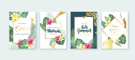 summer card design. save the date. exotic tropic palm leaves and flowers. invitation, poster, cover 