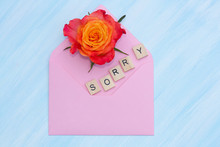 Word Sorry, Flower And Envelope On Blue Background.