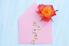 Word Sorry, Flower And Envelope On Blue Background.