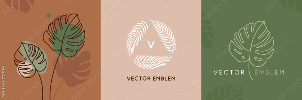 Vector abstract logo design templates in trendy linear minimal style - monstera leaf - abstract symbol for cosmetics and packaging, jewellery, hand crafted  or beauty products  - obrazy, fototapety, plakaty 