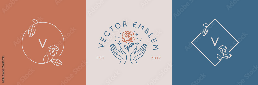 Vector abstract logo design templates in trendy linear minimal style - hands with rose - symbols for cosmetics, jewellery, beauty and handmade products, tattoo studios  - obrazy, fototapety, plakaty 