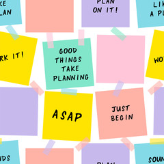 Sticky notes cartoon vector seamless pattern. Reminders, notifications hand drawn texture. Paper sheets decorative backdrop. Motivational messages, phrases. Wallpaper, wrapping paper flat design