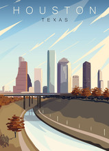 Houston Modern Vector Poster. Houston, Texas Landscape Illustration.Top 20 Most Populated Cities Of The USA.