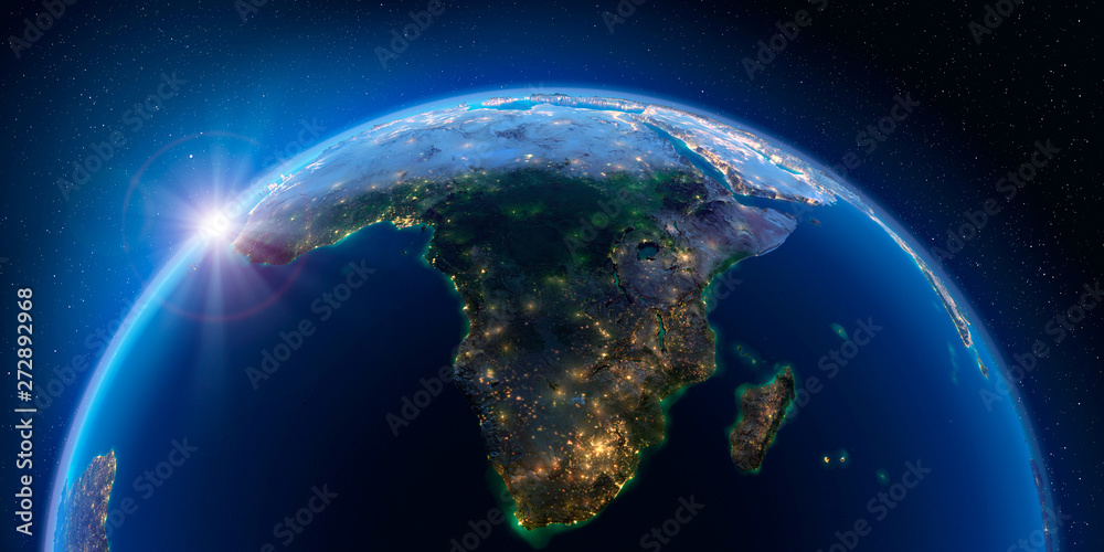Earth at night and the light of cities. South Africa and Madagascar. - obrazy, fototapety, plakaty 