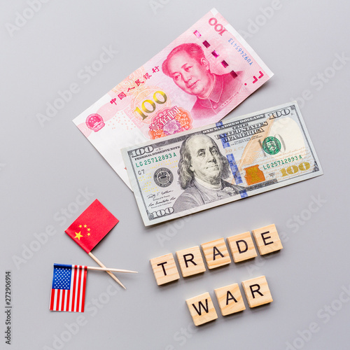 Download Creative Top View Flat Lay Of China And Usa Flags And Cash Money Mockup And Copy Space On Gray Background In Minimal Style Concept Of Trade War Between Usa And China Stock