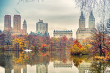 The Lake In Central Park, New York City At Autumn Day, USA