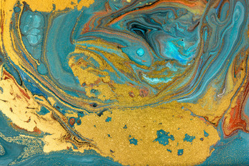 Wall Mural - Blue marbling pattern. Golden marble liquid texture.