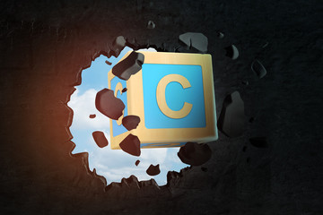 Poster - 3d closeup rendering of blue ABC block with letter C breaking hole in black wall with blue sky seen through hole.