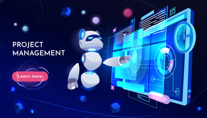 Project management landing page, computer technology in business, panda robot research at monitor with data analysis on screen, neon glowing futuristic background. Cartoon vector illustration, banner