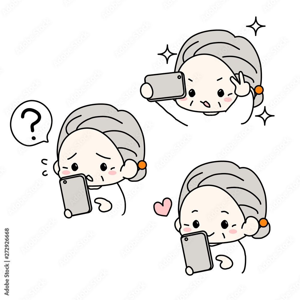 スマホの使い方がわからない スマホになれて自撮りsnsチェック おばあちゃん 老後を楽しむイラスト Wall Mural 可愛い動物素材屋さんilohaco