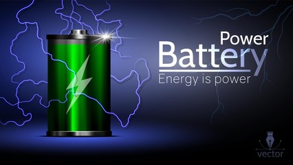 Aufkleber - Beautiful advertising green battery with lightning around. Power vector battery for interface design of various types devices.