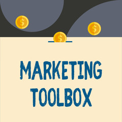 Text sign showing Marketing Toolbox. Conceptual photo Means in promoting a product or services Automation Front view close up three penny coins icon one entering collecting box slot.