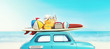© snorkulencija - Small retro car with baggage, luggage and beach equipment on the roof, fully packed, ready for summer vacation, concept of a road trip with family and friends, dream destination, very vivid colors